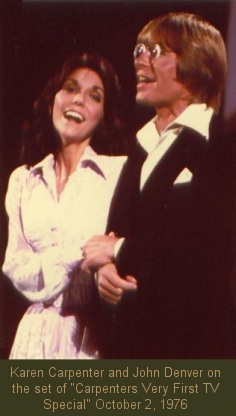 Karen Carpenter and John Denver on the set of "Carpenters Very First TV Special" October 2, 1976